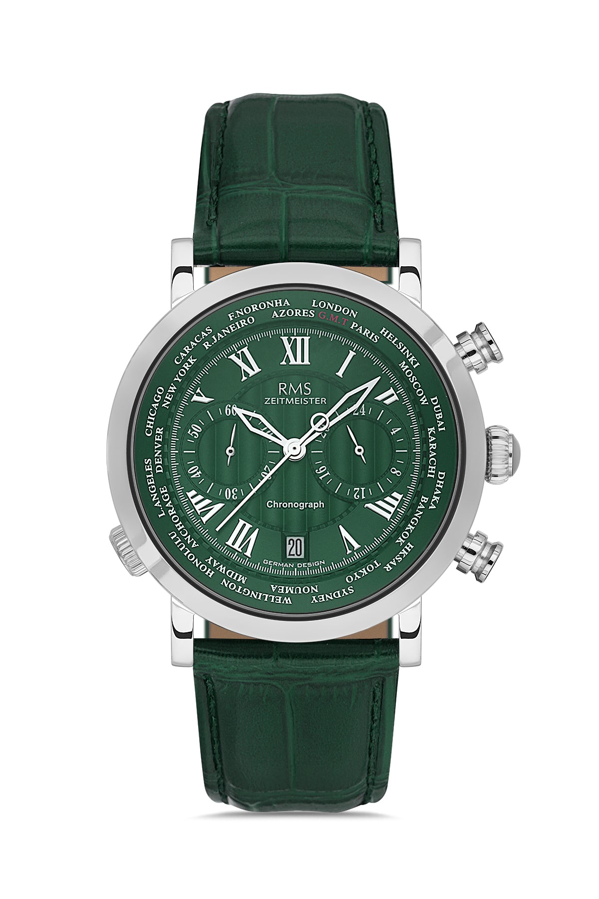 RMS Men's Green Dial Silver Chronograph Leather Watch - RMS.1.AG2178.1810