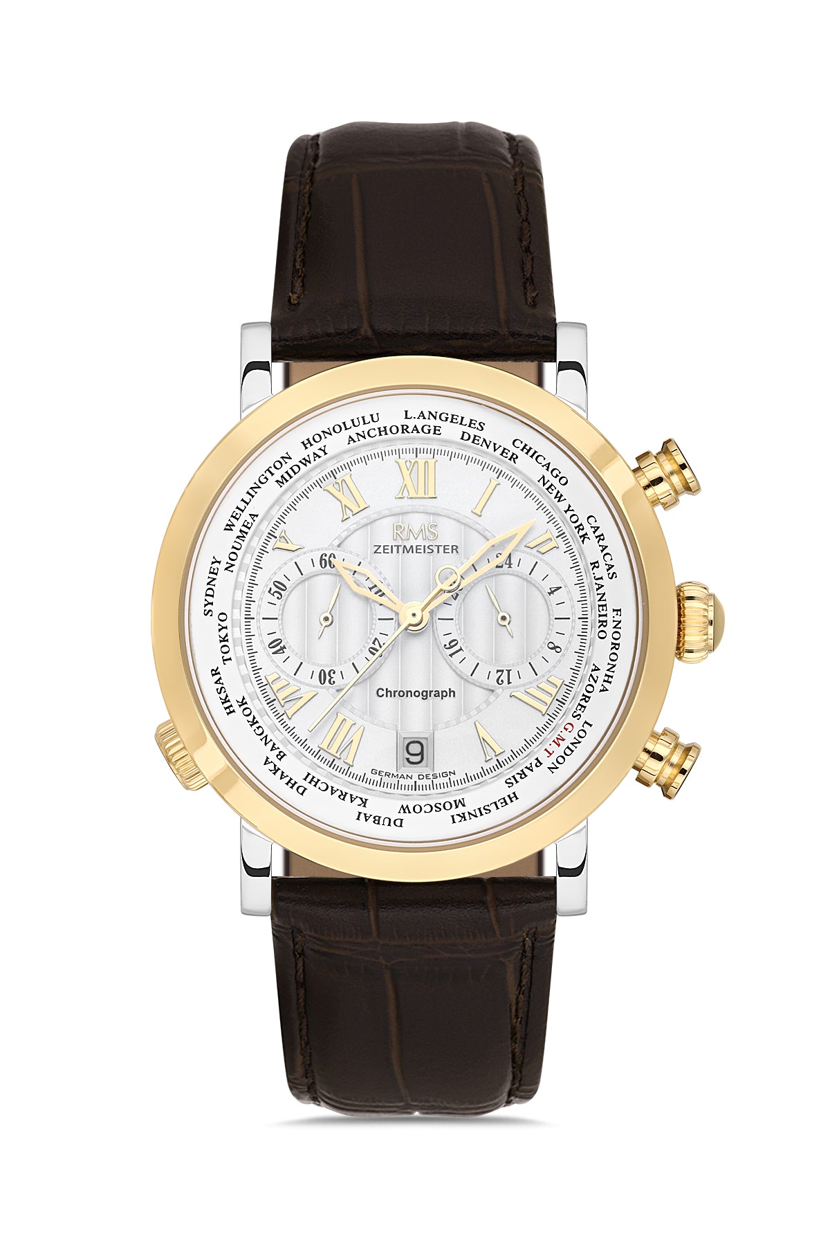 RMS Men's Silver Dial Gold & Silver Chronograph Leather Watch - RMS.1.AG2178.40