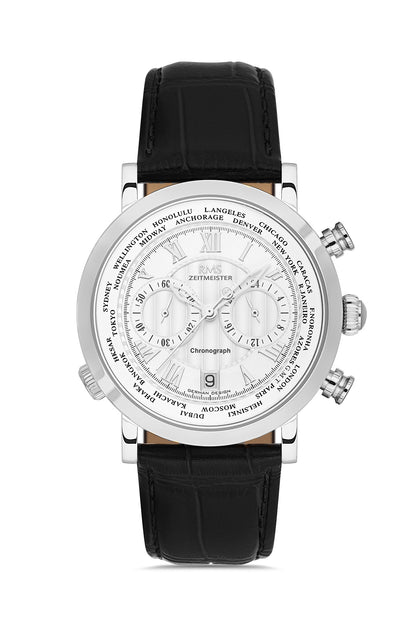 RMS Zeitmeister White Dial Silver Plated Men's Watch - Black Genuine Leather Strap - RMS.1.AG2178.90