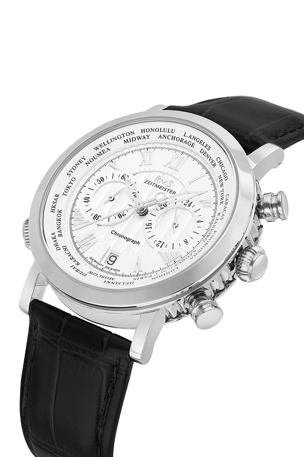 RMS Men's Silver Dial Silver Chronograph Leather Watch - RMS.1.AG2178.90