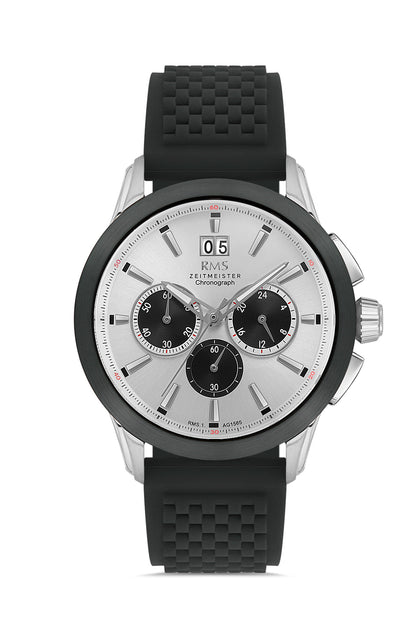 RMS Zeitmeister Silver Dial Silver & Black Plated Men's Watch - Black Silicone Strap - RMS.1.AG1565.07