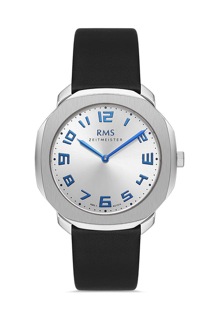 RMS Zeitmeister Silver Dial Silver Plated Men's Watch - Black Genuine Leather Strap - RMS.1.AG1574.06