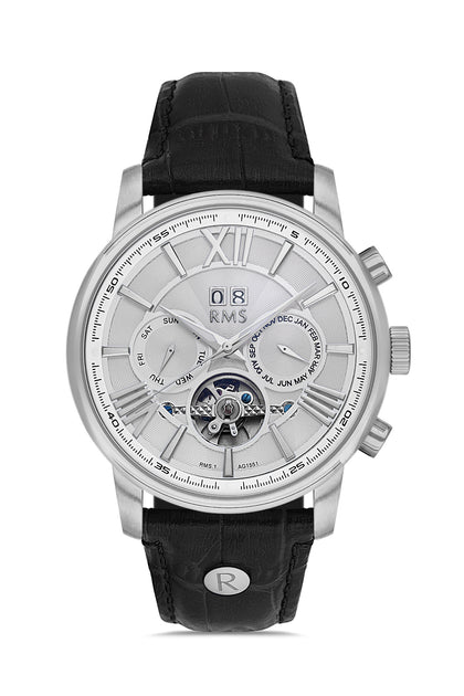 RMS Zeitmeister Silver Dial Silver Plated Men's Watch - Black Genuine Leather Strap - RMS.1.AG1551.01