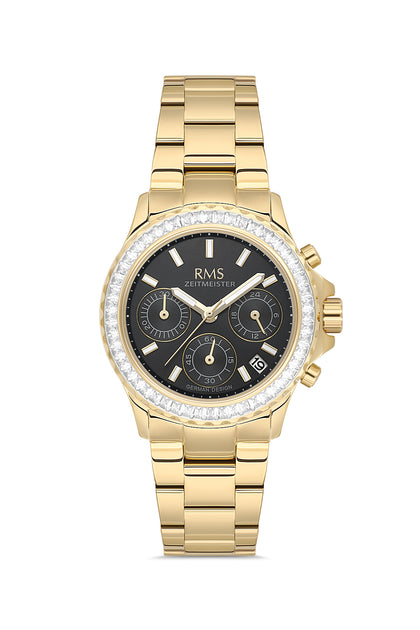 RMS Zeitmeister Black Dial Gold Plated Women's Watch - Stainless Steel Bracelet - RMS.1.AG2169.22