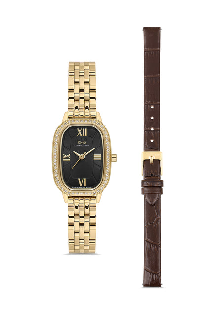 RMS Zeitmeister Black Dial Gold Plated Women's Watch - Stainless Steel Bracelet - RMS.1.AG2158.22