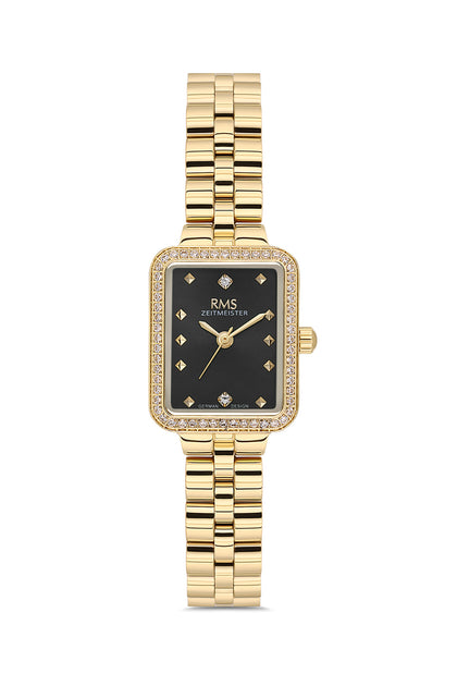 RMS Zeitmeister Black Dial Gold Plated Women's Watch - Stainless Steel Bracelet - RMS.1.AG2225.22