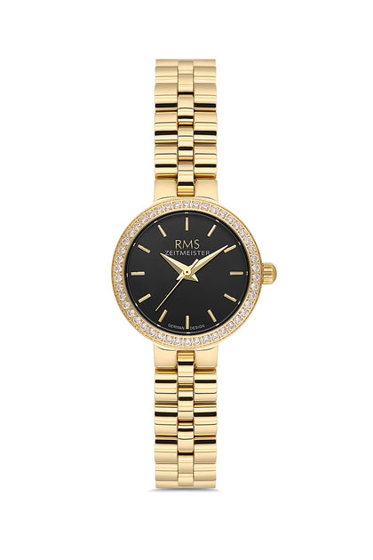 RMS Zeitmeister Black Dial Gold Plated Women's Watch - Stainless Steel Bracelet - RMS.1.AG2226.22