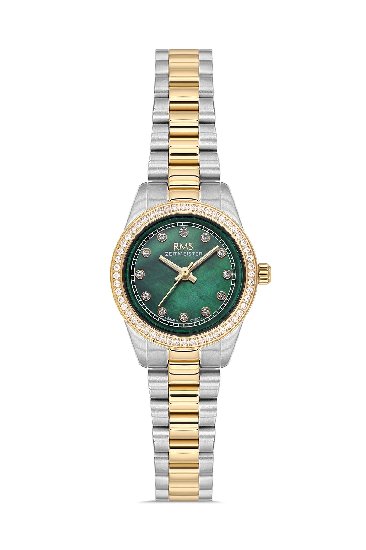 RMS Zeitmeister RMS.1.AG2163.49 women's watch with green dial, gold case and stainless steel bracelet