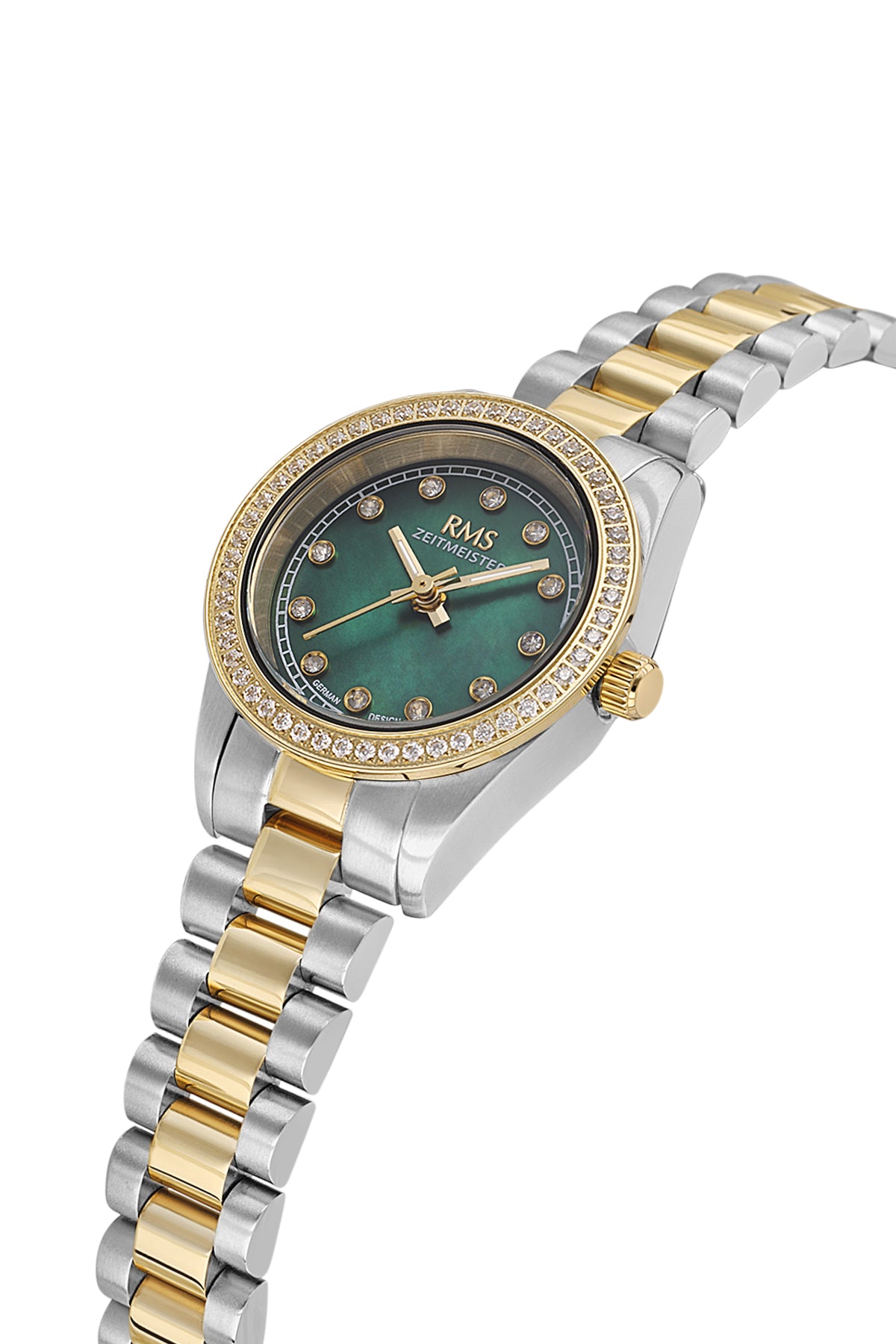 RMS Zeitmeister RMS.1.AG2163.49 women's watch with green dial, gold case and stainless steel bracelet – view 3