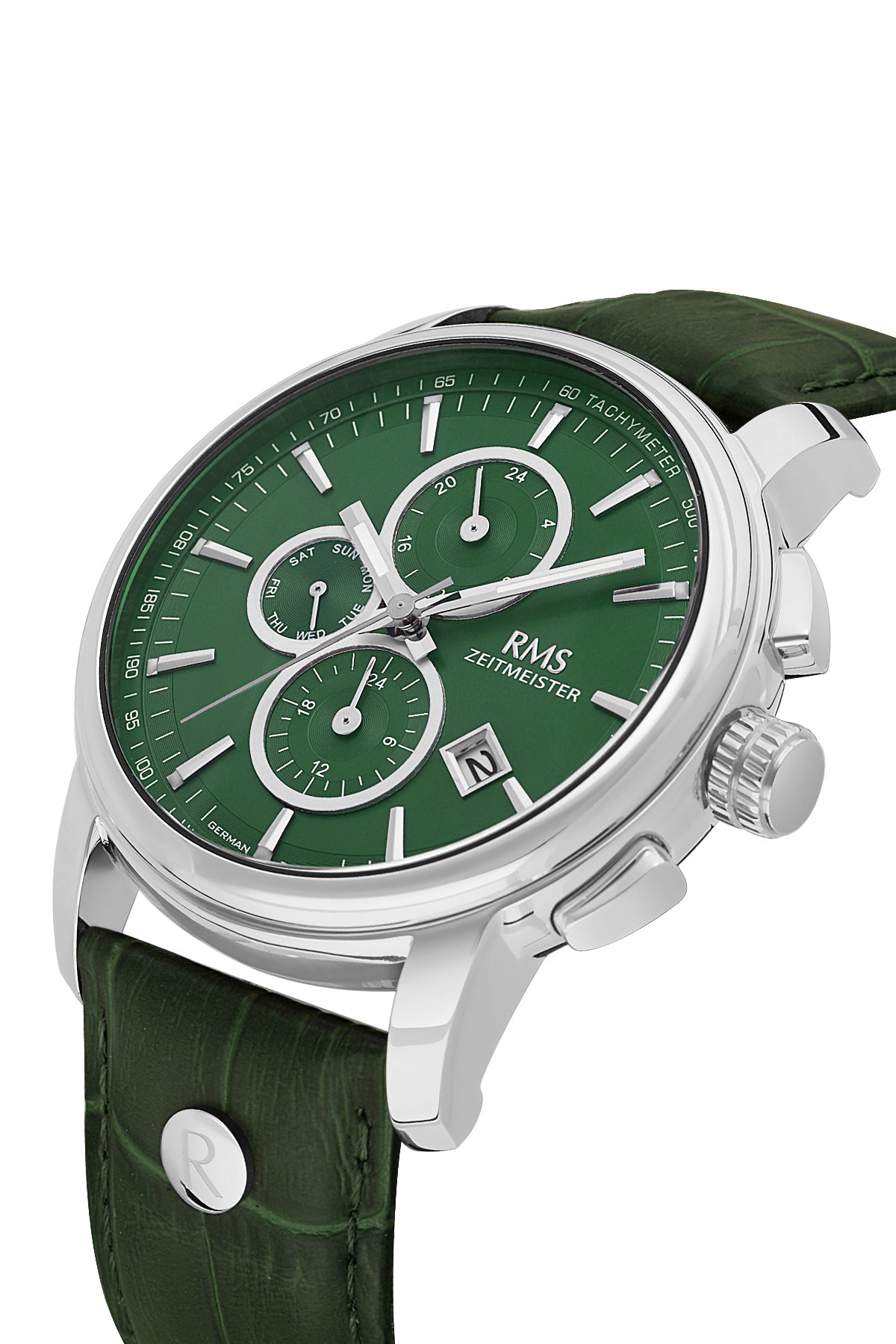 RMS ZEITMEISTER Herrenuhr – grünes Zifferblatt, Gehäuse in Silber, Echtlederarmband – RMS.1.AG1049.16