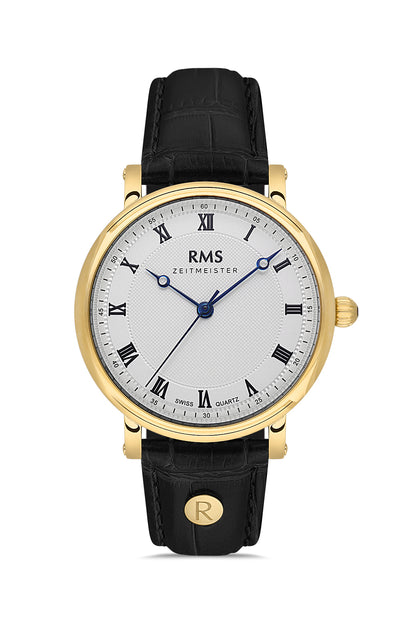 RMS Zeitmeister Silver Dial Gold Plated Men's Watch - Black Genuine Leather Strap - RMS.1.AG1558.04