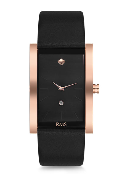 RMS Zeitmeister Black Dial Rose Plated Men's Watch - Black Genuine Leather Strap - RMS.1.AG1116.03
