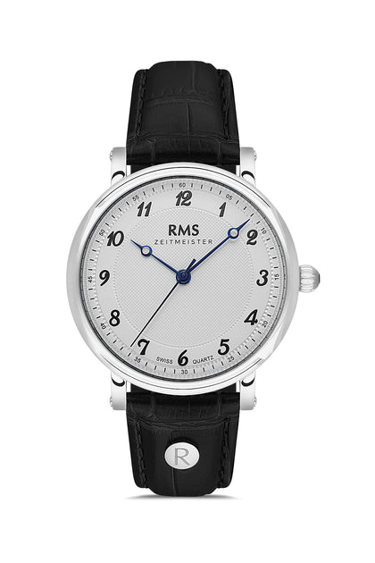 RMS Zeitmeister Silver Dial Silver Plated Men's Watch - Black Genuine Leather Strap - RMS.1.AG1558.09