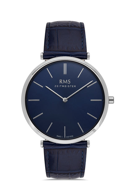 RMS Zeitmeister Blue Dial Silver Plated Men's Watch - Blue Genuine Leather Strap - RMS.1.AG1532.03